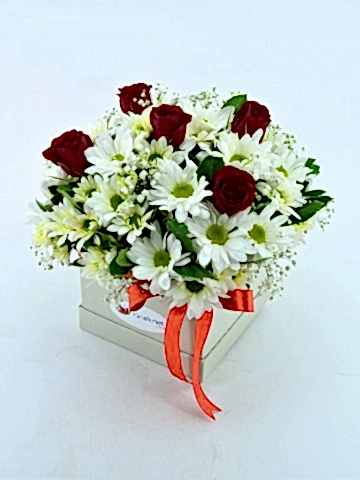 Özel Kutuda Papatyalar ve Kırmızı Güller Kutuda Çiçek çiçek gönder